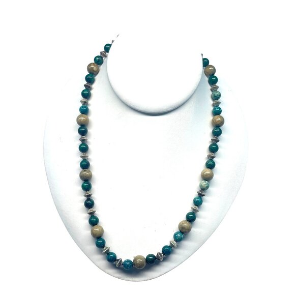 Vintage Green Jasper Beaded Necklace With Earthy Tones & Metal Accents - Picture 1 of 5